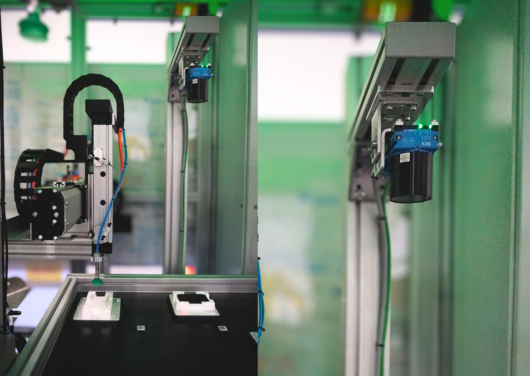 Industrielles Bildverarbeitungssystem von SICK für die automatische Qualitätskontrolle, Bauteilinspektion und Überprüfung von Produktionsprozessen. Die Industriekamera überwacht Bauteile an der Fertigungsstation und gewährleistet eine präzise Inspektion, genaue Messungen sowie eine gleichbleibend hohe Prüfqualität.